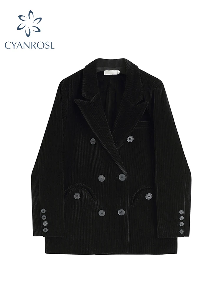 

Women's Vintage Corduroy Long Sleeve Blazer Loose Streetwear Fashion Suit Jacket Female Lapel Double Breasted Outwear Oversized
