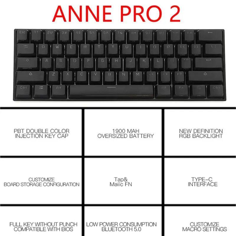 Миниатюрная портативная беспроводная клавиатура ANNE Pro 2 Bluetooth 60% RGB механическая 5 0