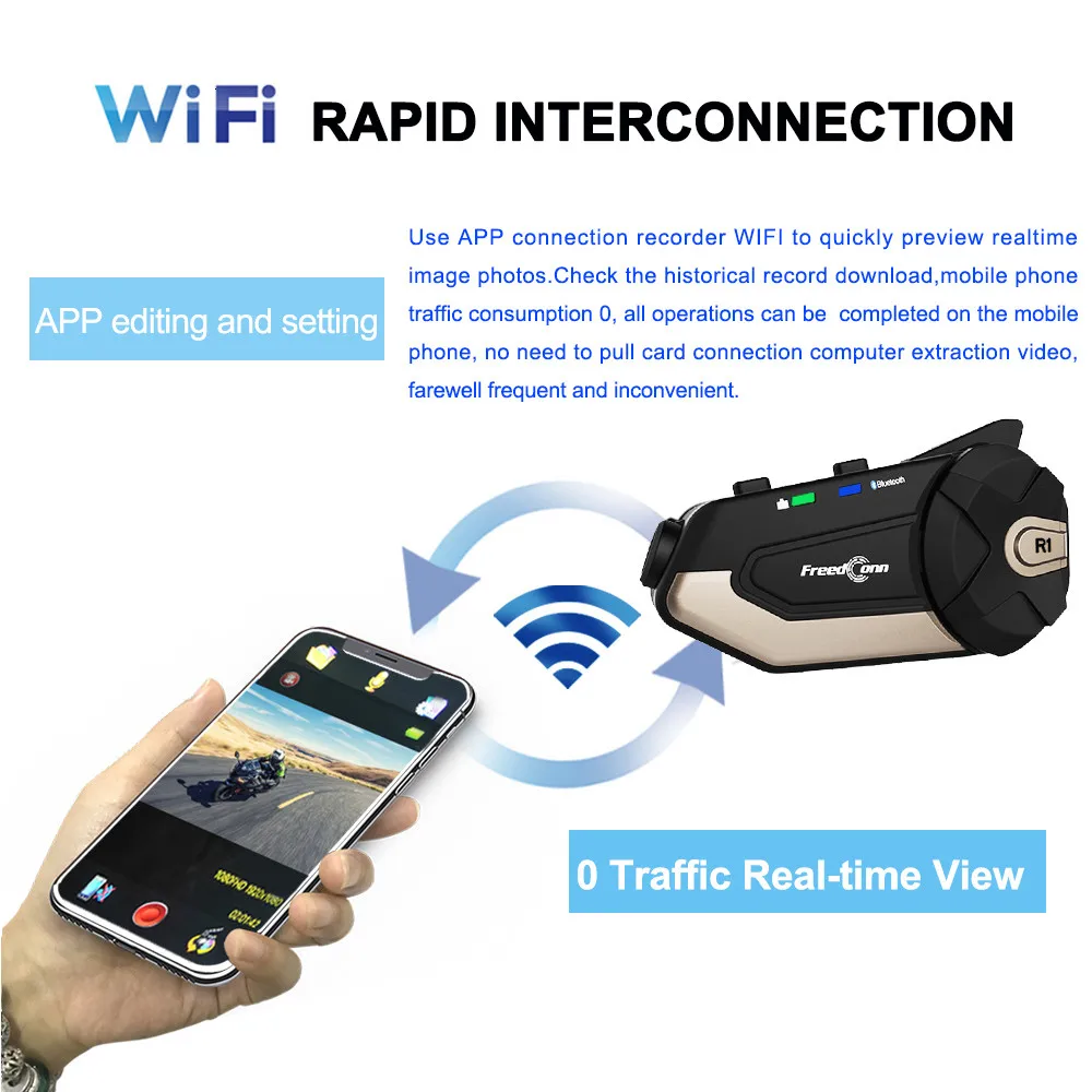 Гарнитура для мотоцикла FreedConn R1 Bluetooth гарнитура шлема рекордер WiFi со встроенной