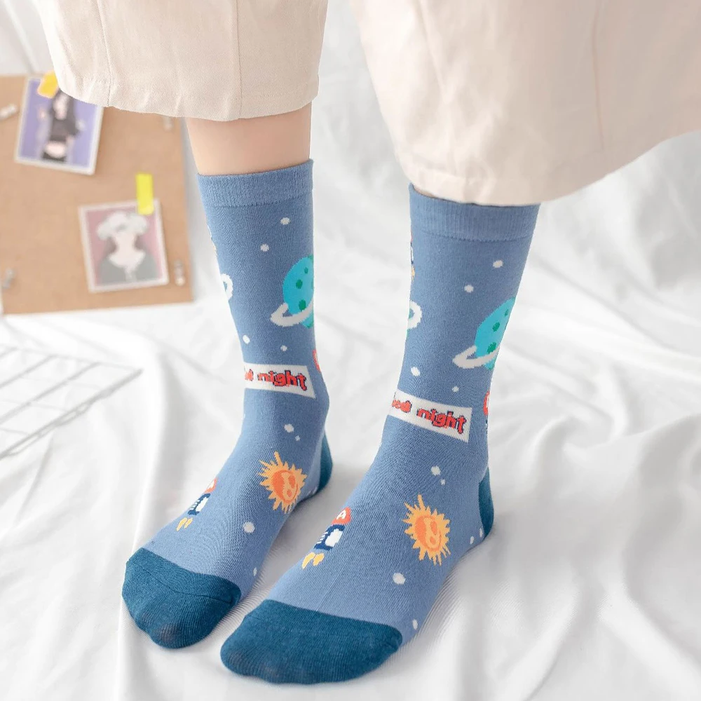 

10 Pairs/Lot Cute Women Socks Girls Lovely Space Rocket Pattern Casual Socks Ladies Comfortable Cotton Mid Stockings Chaussette