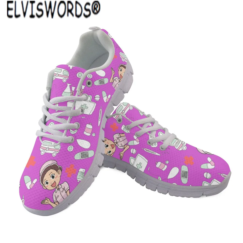 

ELVISWORDS/повседневные женские кроссовки с милым рисунком медсестры; Обувь на плоской подошве со шнуровкой; Женская дышащая сетчатая обувь