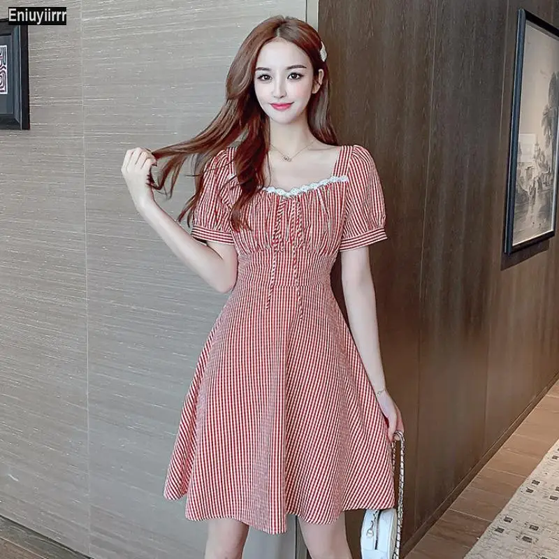 Красное клетчатое платье с принтом на плечах женские летние клетчатые