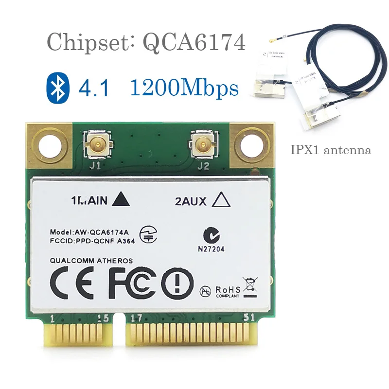 

Беспроводная сетевая карта Atheros QCA6174, 1200 Мбит/с, 2,4 ГГц/5G, Двухчастотная, Mini PCIE, Bluetooth 4,1 с 2 антеннами IPEX1