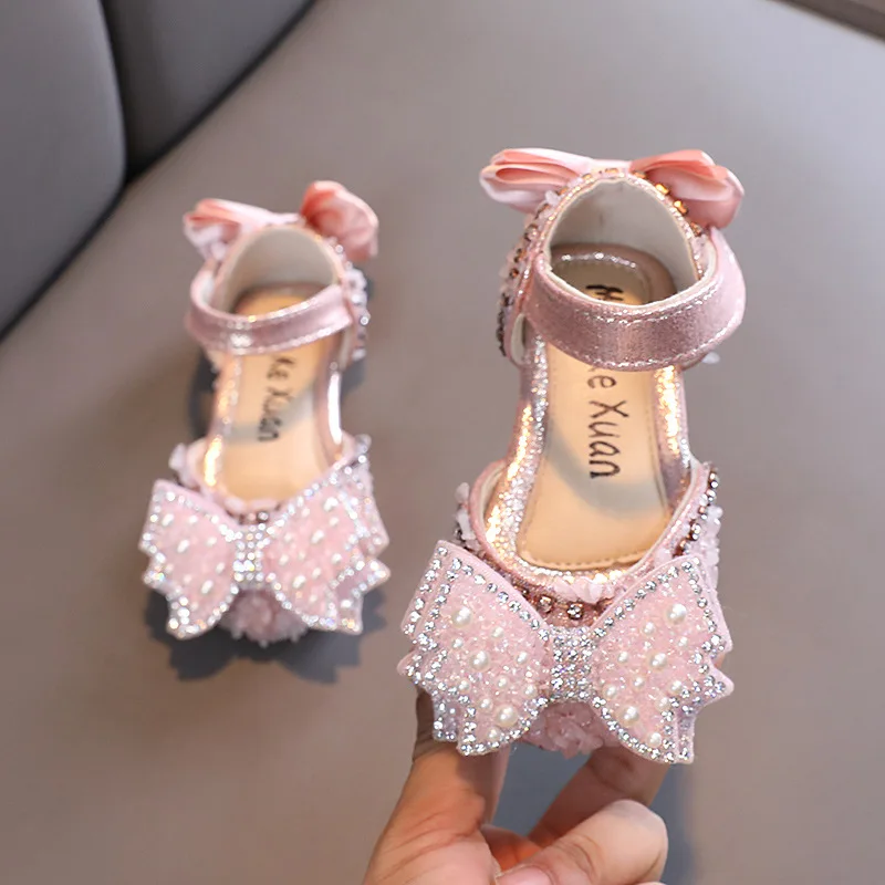 Children's Rhinestone Sandals Baby Girls Princess Bowknot Performance Party Dance Shoes Kids Non-slip Flats Sandals G356