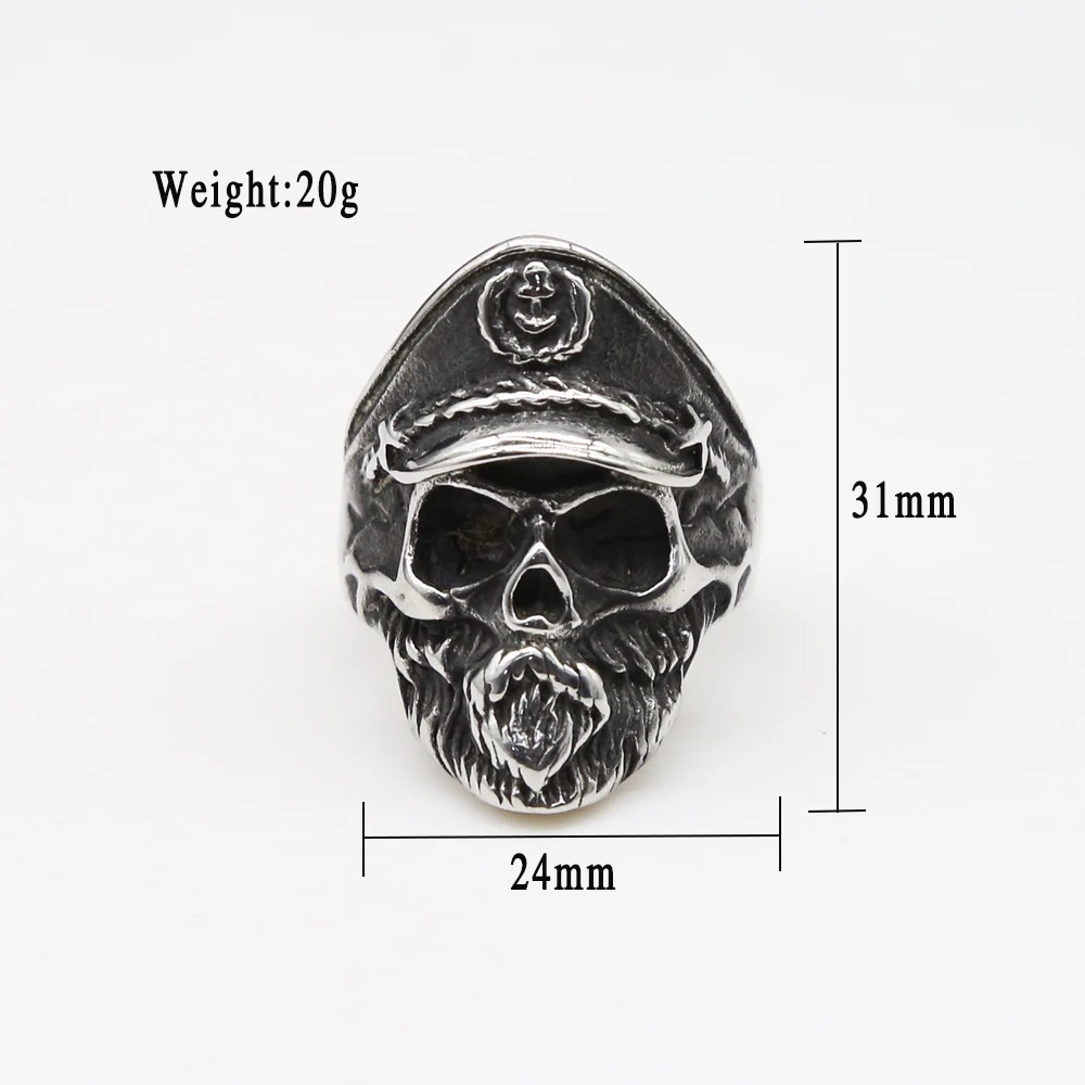 Мужское кольцо в стиле панк черное из нержавеющей стали с изображением капитана