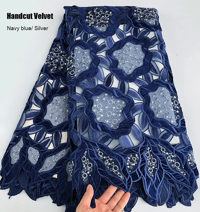 navy blue 5 ярдов африканская ручная бархатная ткань с кружевом с камнями большая Цветочная вышивка нигерийская швейная одежда - Цвет: navy blue