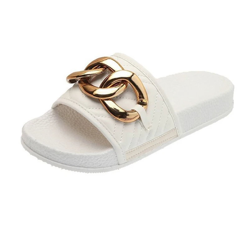 

Summer Women's Slippers Chain Pu Leather Solid Fashion Ladies Flip Flop Plus Size Outdoor Women Footwear Comfortable 2021