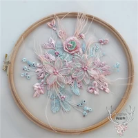 1 pc 2 color feather decoration three dimensional handmade beaded handmade flowers diy lace fabric embroidery patch