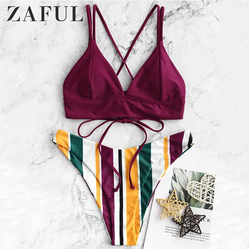 ZAFUL бикини крест-накрест на шнуровке Мульти полосатый с высоким вырезом бикини Спагетти ремни Мягкий сексуальный купальник купальный костюм с пуш-ап