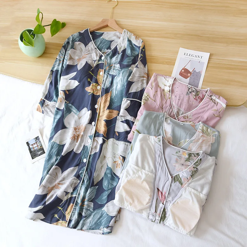 

Вискоза Женская пижама, халат, рукав средней длины с хлопковой подкладкой ночная рубашка-кардиган одежда для сна летом прохладно искусстве...