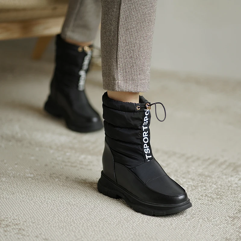 Winter Female Ankle Booties Concise PU Patchwork Down Drawstring Warm Plush Black White Wedges Shoes Women Waterproof Snow Boots