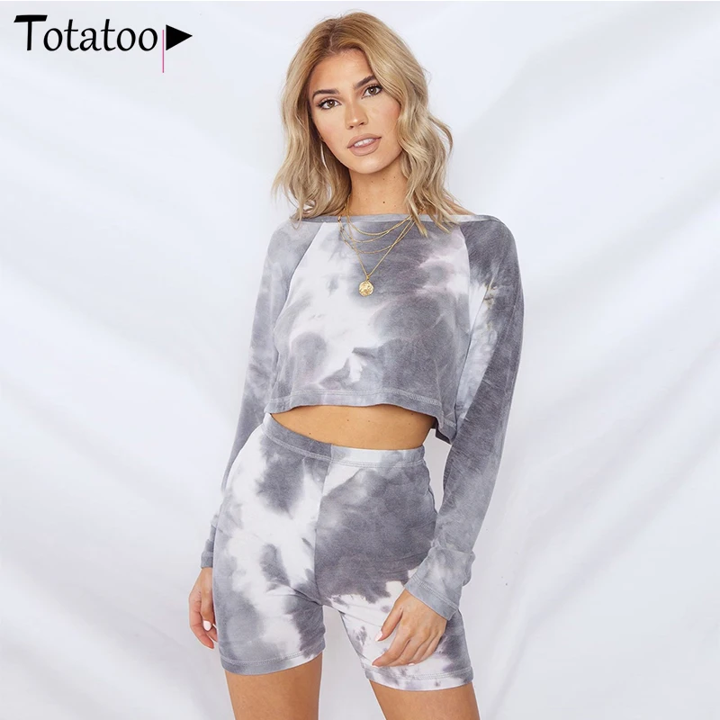 

Totatoop Women Long Sleeve Tie Dry Sexy Two Piece Set Shorts 2020 Bow Knot Crop Top T Shirts And Biker Shorts Outfit Sporty Sets