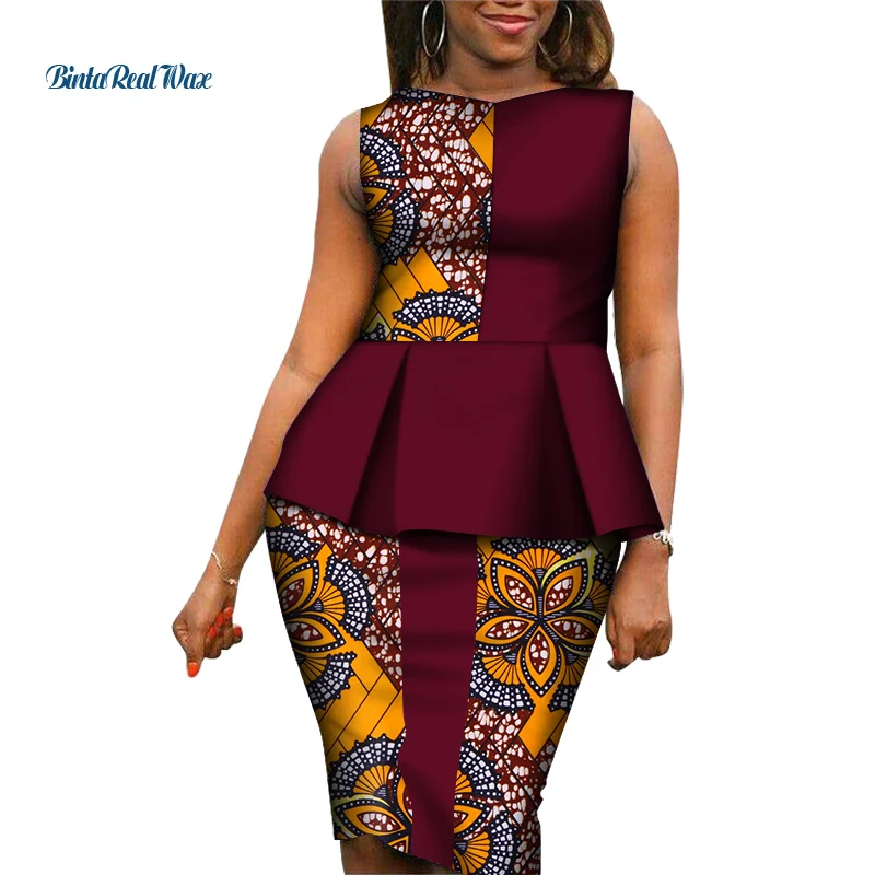 

Elegant Women Top and Skirt Sets African 2 Pieces Skirt Set for Women Patchwork Knee Length Bazin Riche African Clothing WY7143