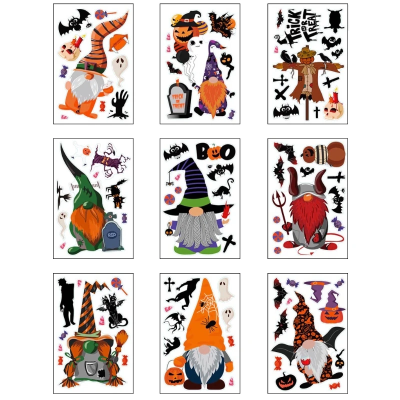 

9 Sheet Halloween Decorations Window Decals Gnome Pumpkin Clings Wall Sticker 85DA