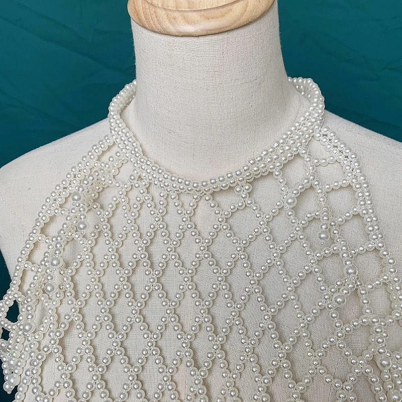 

Women Blouse Elegant Faux Pearl Necklace Collar Detachable Beaded False Collars Apparel LX9E
