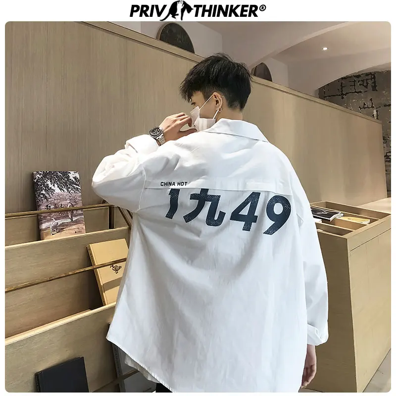 Privathinker Осенняя хлопковая рубашка с длинными рукавами, Мужская Корейская Свободная рубашка с коллажем, Мужская Уличная модная одежда с принтом