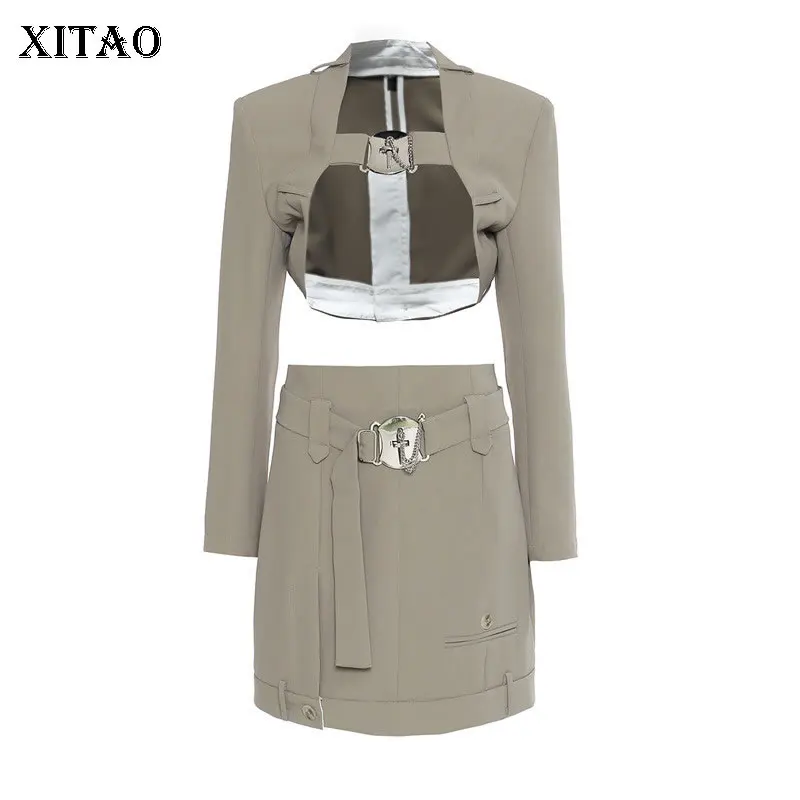 

Женский комплект из двух предметов XITAO, модный топ с длинными рукавами и металлической пуговицей, Однотонная юбка с эластичной резинкой на т...
