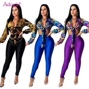 Костюм женский из двух предметов с принтом, блузка с длинными рукавами и открытыми стежками