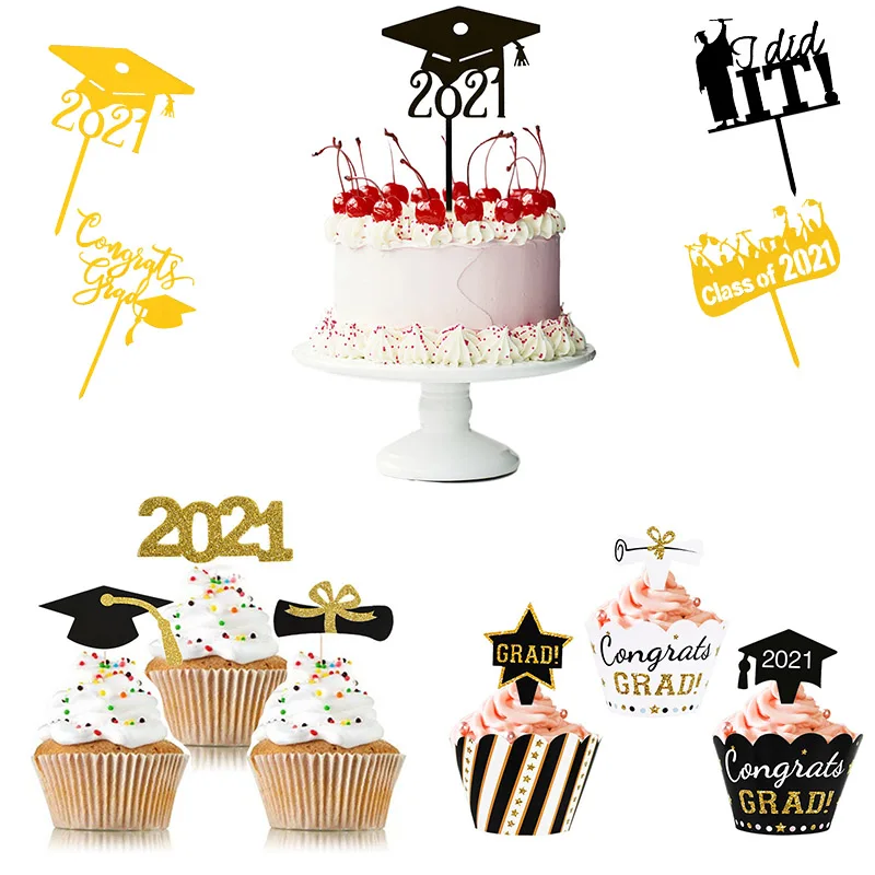 

2021 Cake Topper Graduation Party Decor Cardboard Acrylic Cupcake Topper For 2021 Graduations College Celebrate Party Cake Decor