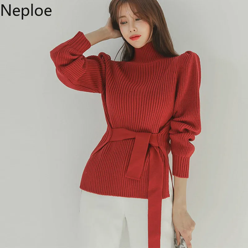 Neploe/осень-зима Женский однотонный водолазка пояс с высокой талией свитер мягкий