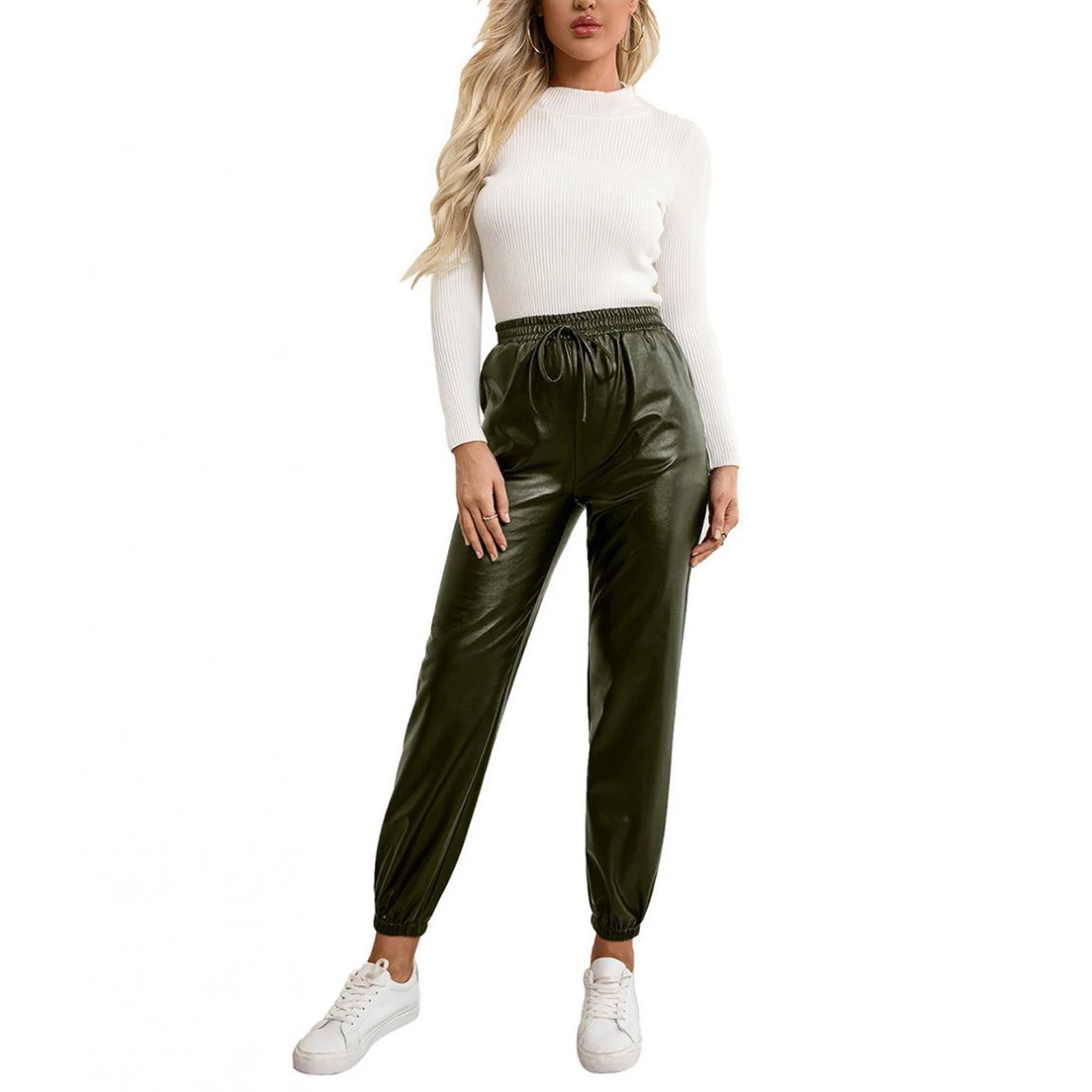 

Women Leather Drawstrings Pants Side Pockets Solid Color Slimming Jogger Casual Party Street Pants