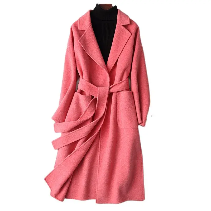 

2021 new double-sided cashmere coat female woolen coat high-end belted wool coat woolen pink coat fall jacket women cape coat