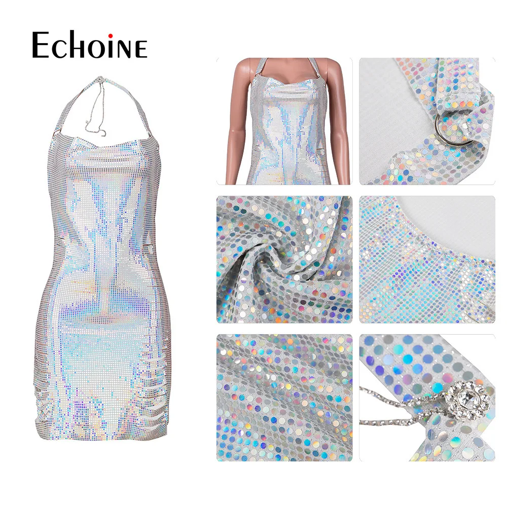 

Oluolin Hanging neck Silver Sequined Hollow Backless Sexy Dress Women Off Shoulder Mini Dress Party Club Strap Dresses Vestidos