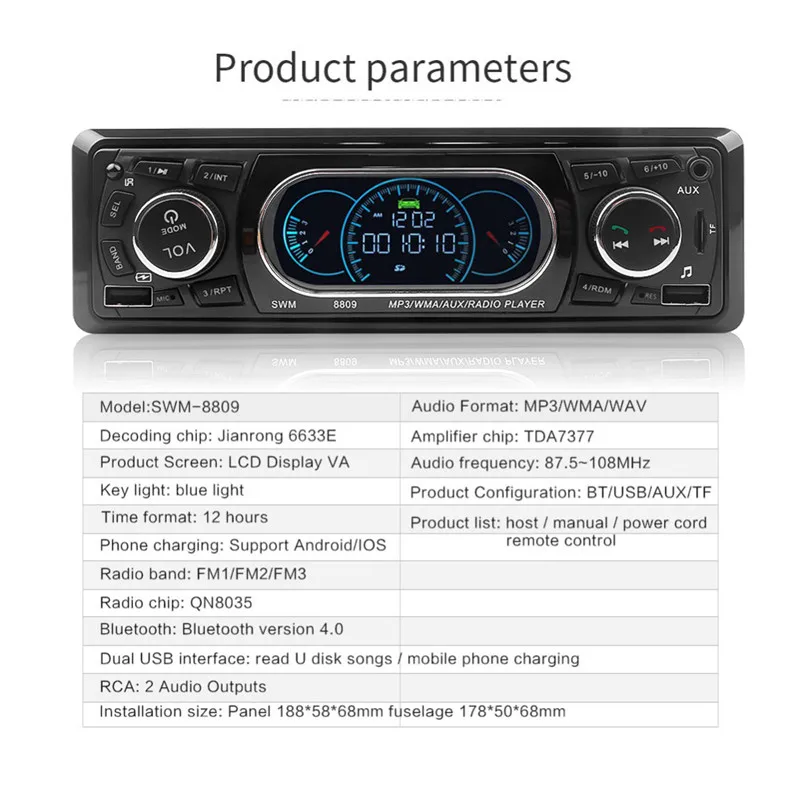 Автомагнитола KEBIDU 12 В FM-радио MP3-плеер Bluetooth 4 0 Поддержка громкой связи USB/TF/3 5 мм |