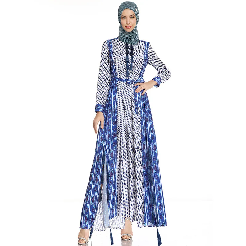 Australia fashion printed belt shirt plus size women's long skirt Muslim women's long skirt Abaya Islamic ethnic evening dress
