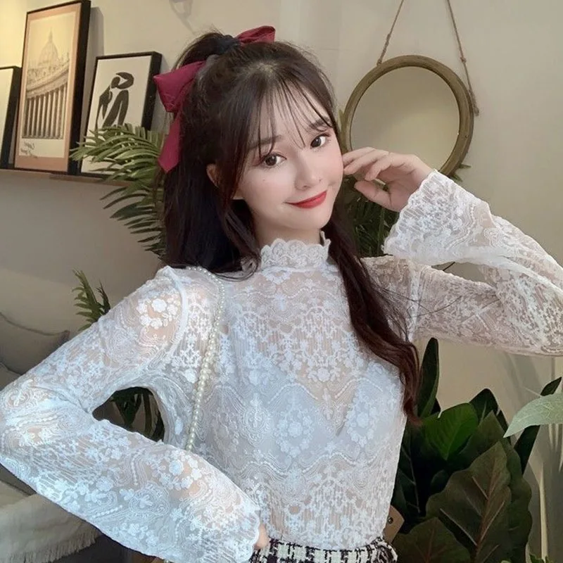 Сексуальная Открытая черная футболка Женская Кружевная с высоким воротником