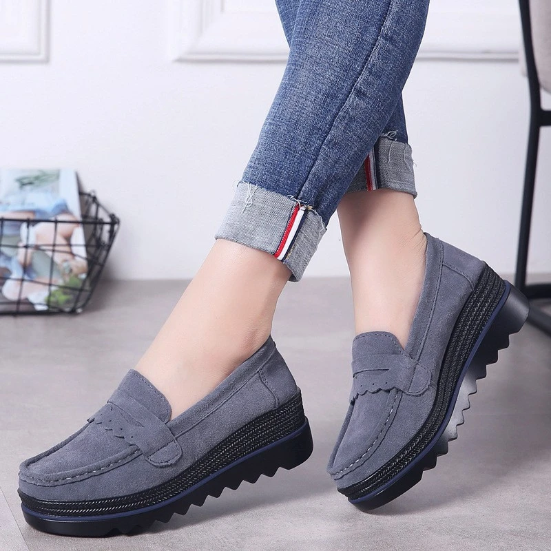 

Women Slip On Flat Shoes Genuine Leather Casual Loafers Nubuck Suede Platform Sneakers Ladies Shallow Wedge Footwear Plus Size