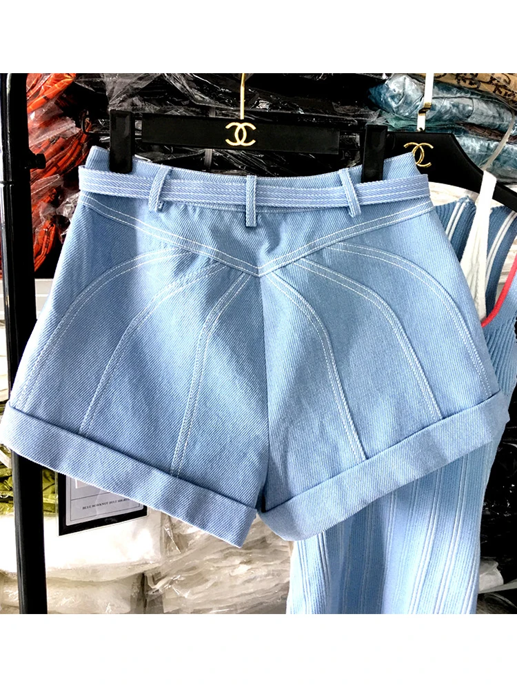 

High Blue Free Shipping Waist Bandage Bowknot Open Line Pocket Denim Shorts Ladies Summer New Fashion Personality Wild XL