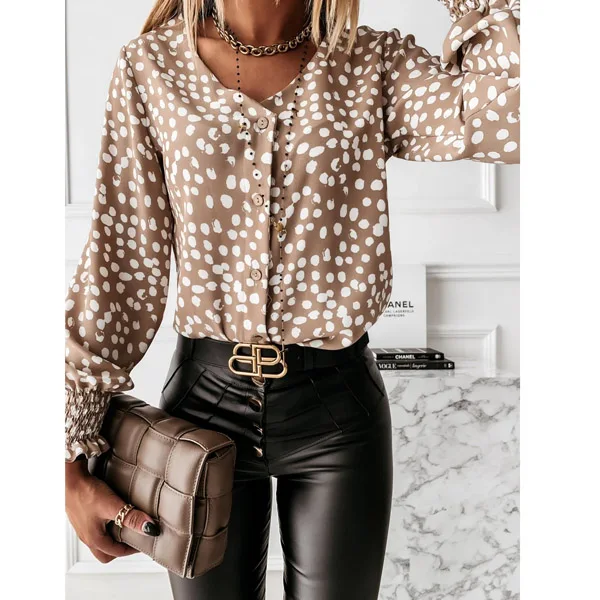 

Fashion Women Spring Autumn Shirts for Streetwear Shrinkage Design Button Decor V-Neck Long Sleeve Dot Print Slim Cardgian Top