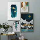 Постер с изображением золотых листьев и гор, абстрактное искусство, холст, декоративная картина в скандинавском стиле, современный декор для гостиной, дома