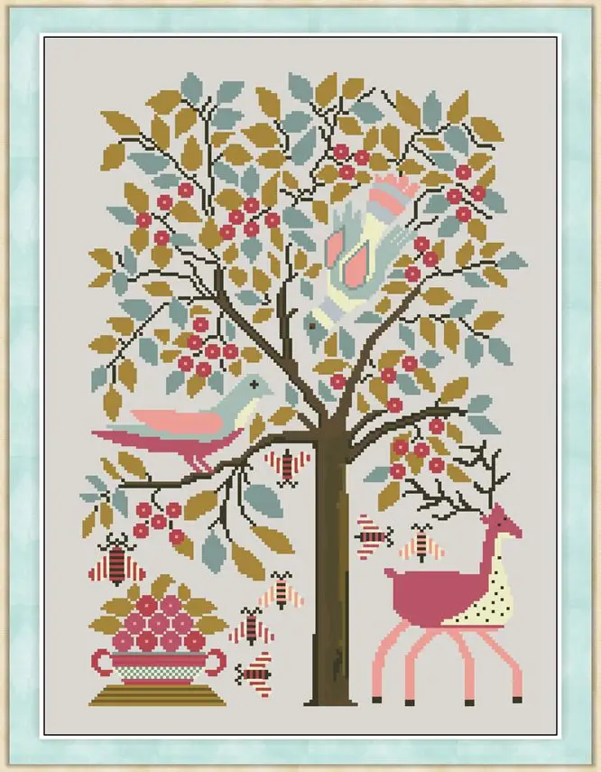 Набор для вышивки крестиком 14 карат Лось и птицы под деревом 37-48 | Дом сад