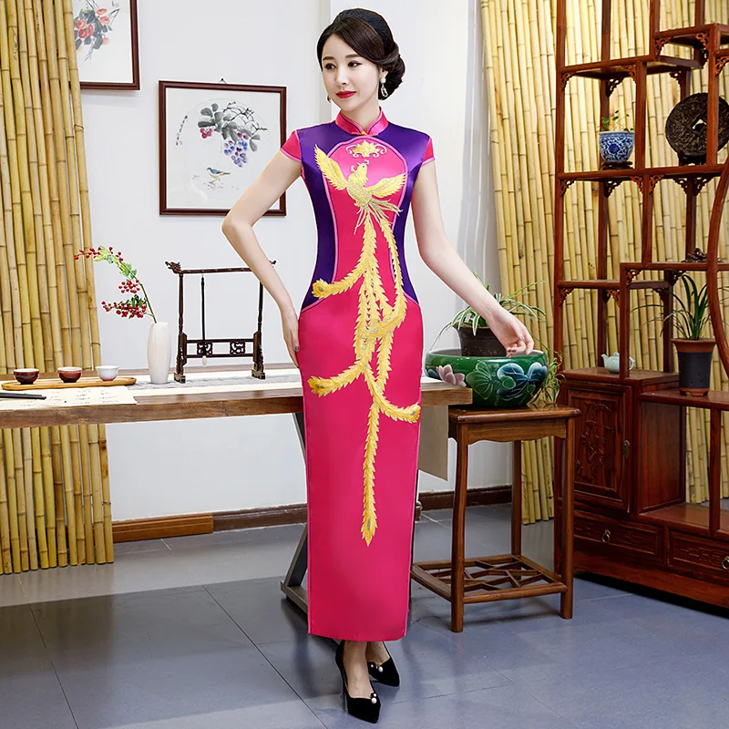 

Plus Size 6XL Women Elegant Chinese Short Sleeve Phoenix Embroidery Aplique Cheongsam Long Satin Orientale Banquet Qipao