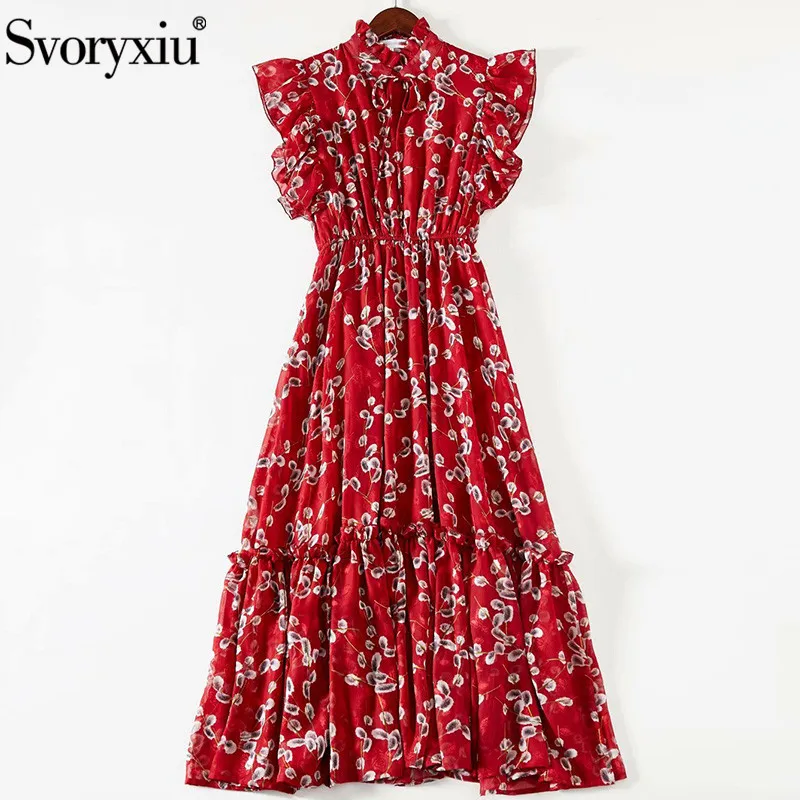 Svoryxiu Designer Summer Flower Print Beach Holiday Long Dress Women's Elastic Waist Plus Size Sleeveless Maxi Dresses Vestdios | Женская