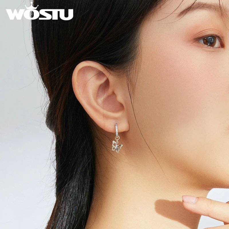 Женские серьги кольца WOSTU элегантные из настоящего серебра 925 пробы с бабочкой
