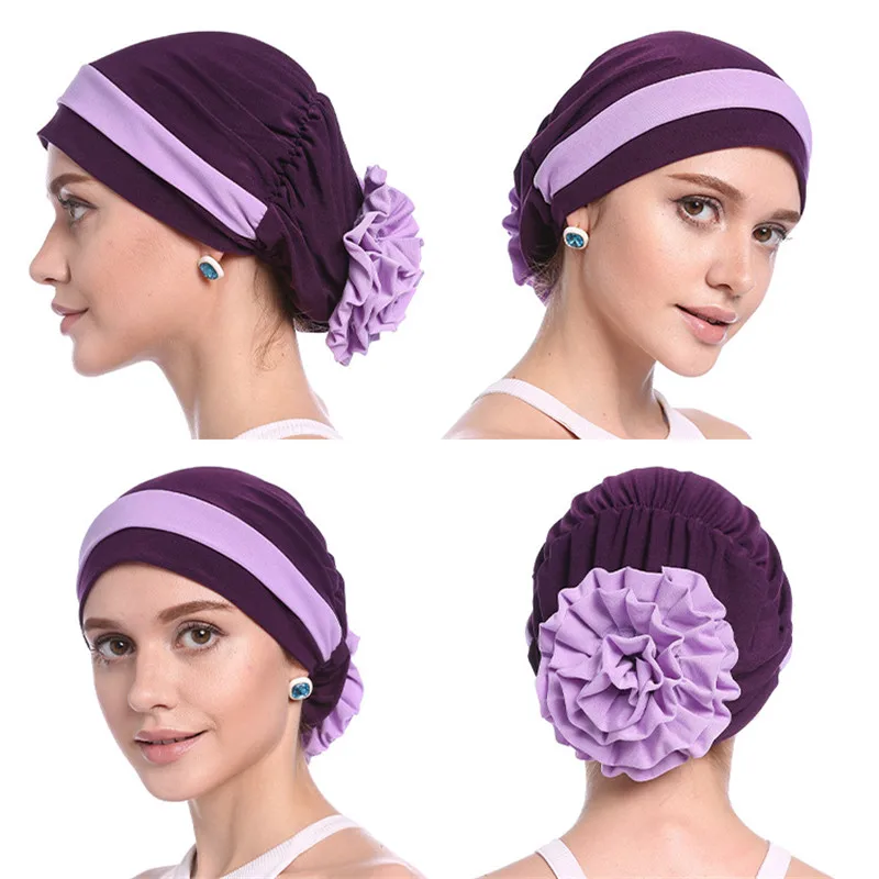 

Helisopus New Two-Color Patchwork Islamic Inner Hijab Hat Women Big Ladies Chemo Cap ready to Wear Hijab Bonnet Hair Accessories