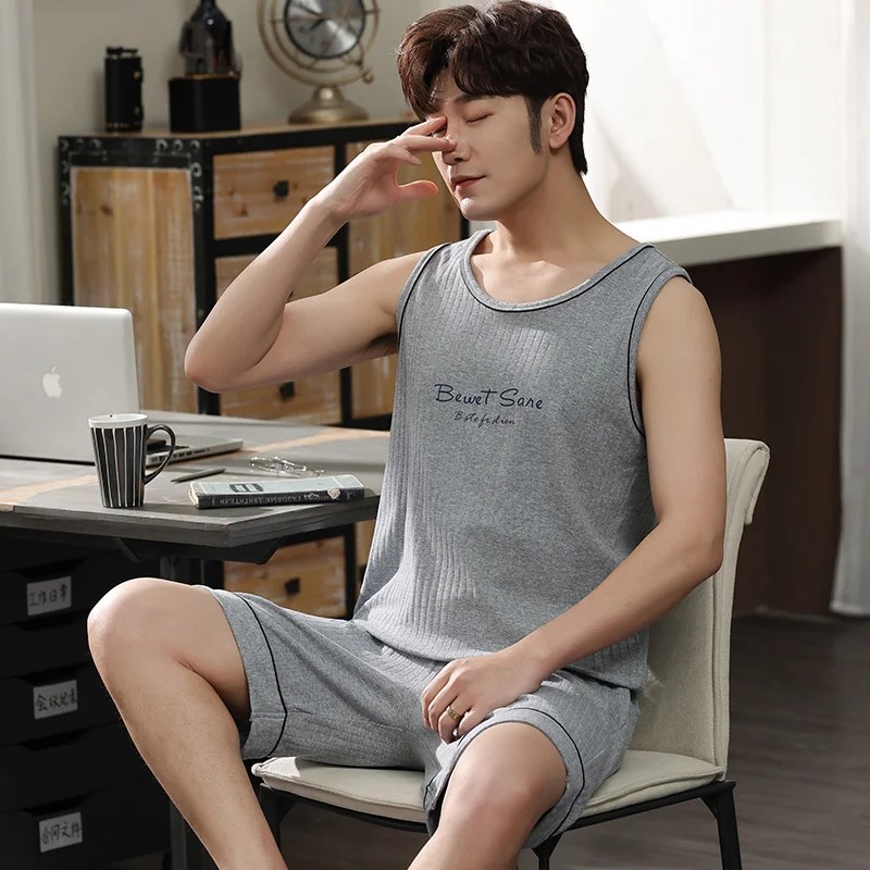 Summer Light Gray Casual Tracksuit Plus Size L-4XL Pajamas Men Letter Print Sleep Vest Shorts Set Mens Sleeveless Pijamas Hombre | Мужская