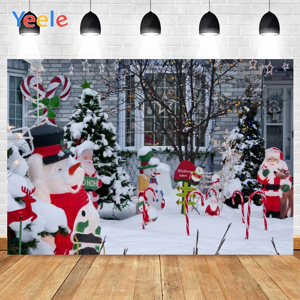 

Yeele Merry Christmas Outdoor Trees Snowman Candy Satan Claus Gifts Background Photography Backdrops for Decor Customized Size