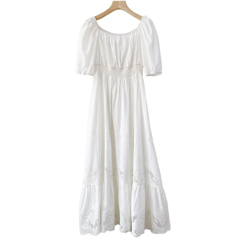 

Johnature Summer New Hollow Out Women Dresses 2021 Bohemian Square Collar Elastic Waist Loose Casual Female Dress