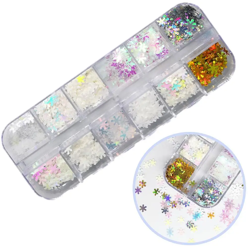 12 сеток Белые снежинки Блестки для ногтей 3D голографические хлопья ломтики
