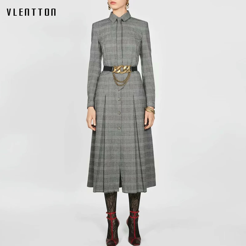 Осень зима 2020 винтажное клетчатое платье макси женское модное с бантом и длинным