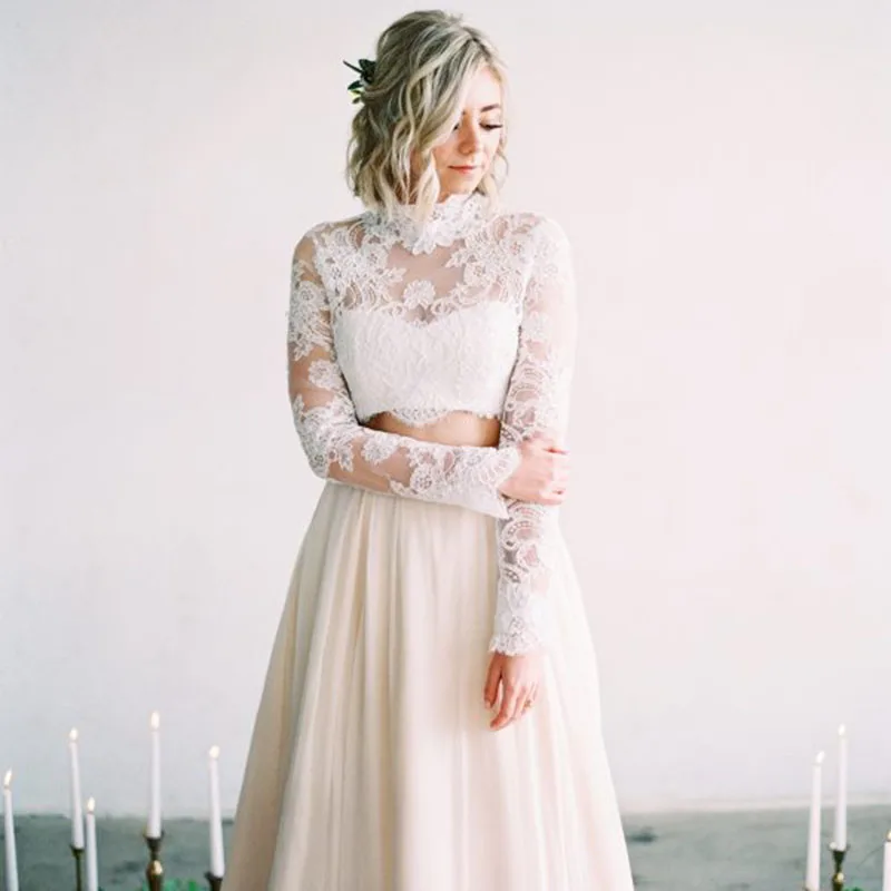 

Two Piece Beach Wedding Dress Boho 2021 Long Sleeve High Neck Appliques Lace Top A-Line Chiffon Bridal Dress Wedding Gown