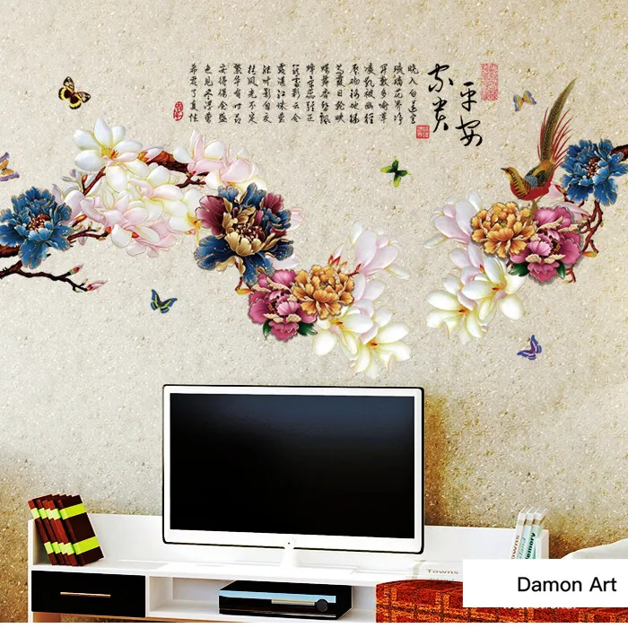 Цветок и Наклейка Настенная с птицей 136*50 см китайский стиль Декор для гостиной