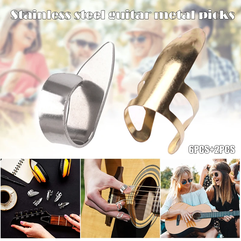 

8 Pcs Guitar Thumb Finger Picks Stainless Steel Portable for Electric Guitar Bass Ukulele HB88