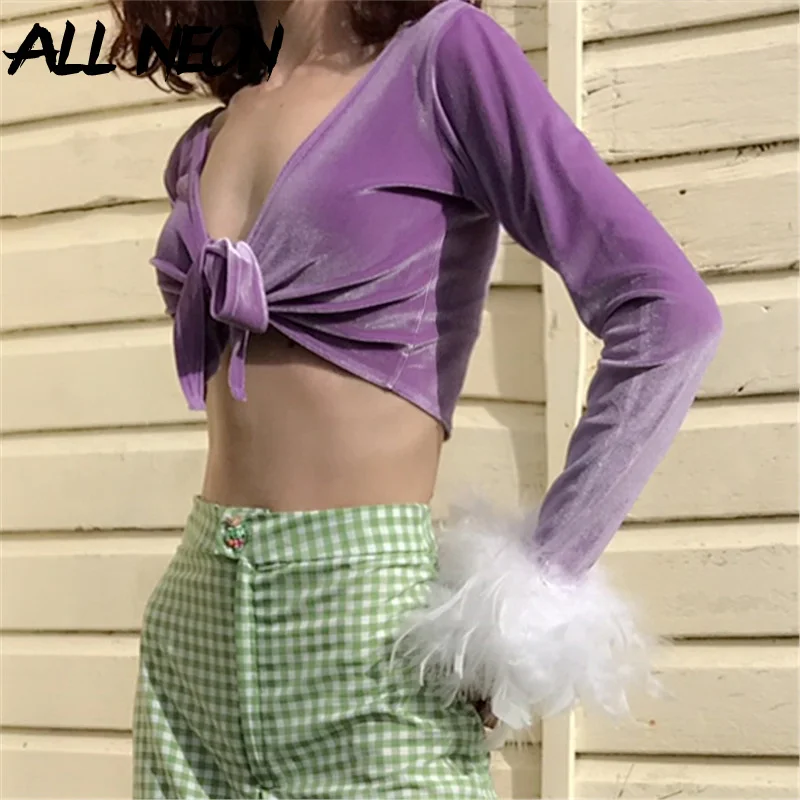 

ALLNeon Y2K Aesthetics Cute Feather Trim Long Sleeve Velour Crop Tops 2000s Vintage Deep V-Neck Bandage Purple T-shirts Fashion