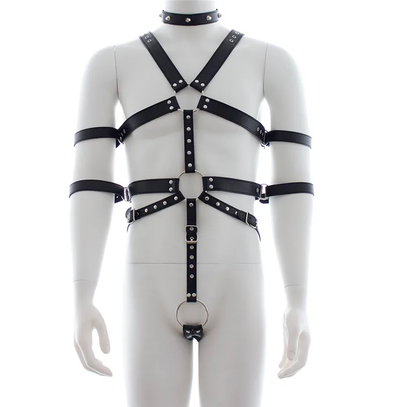 

Leather Harness For Mens Bondage Full Body PU Leather Sexy Restraint Set Adjustable Straps Open Butt Gay Club Straps With O Ring