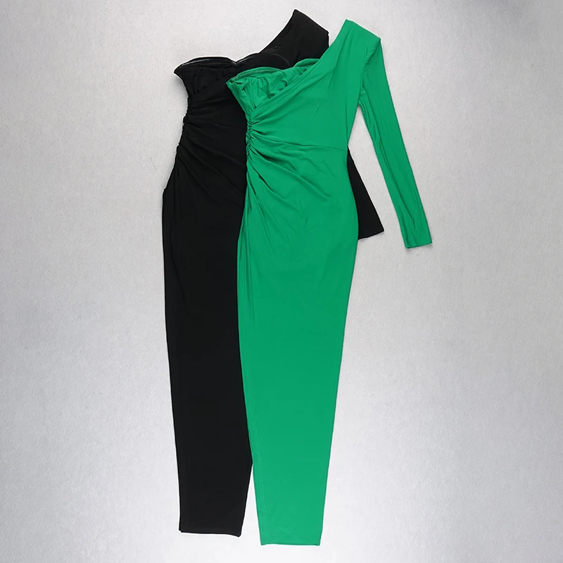 

2021 Halinfer New Fashion Women Designer Black Green One Shoulder Midi Dress